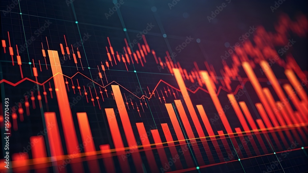 Poster abstract digital financial chart with red candlestick bars and line graph showing market trends and 
