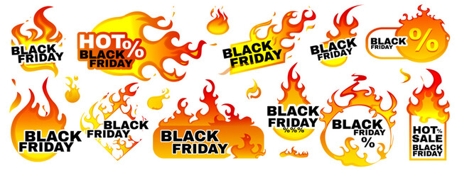 Black Friday badges set. Red Fire Flame Stickers With Hot Sale Inscription. Marketing labels and promotional offer tags. Burning prices. Cartoon vector illustration collection isolated on background