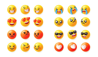 Set of 3d emoji. Icons with emoticons for social networks expressing positive and negative emotions. Funny Comic Emoji. Realistic cartoon vector illustration collection isolated on background