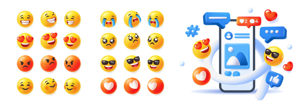 Set of 3d emoji. Funny Comic Emoticons for Social Media. Round yellow emoji expressing positive and negative emotions. Realistic cartoon vector illustration collection isolated on background