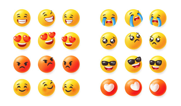 Naklejki Set of 3d emoji. Icons with emoticons for social networks expressing positive and negative emotions. Funny Comic Emoji. Realistic cartoon vector illustration collection isolated on background