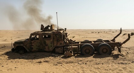 Fototapeta premium Destroyed Military Truck in Desert Warzone