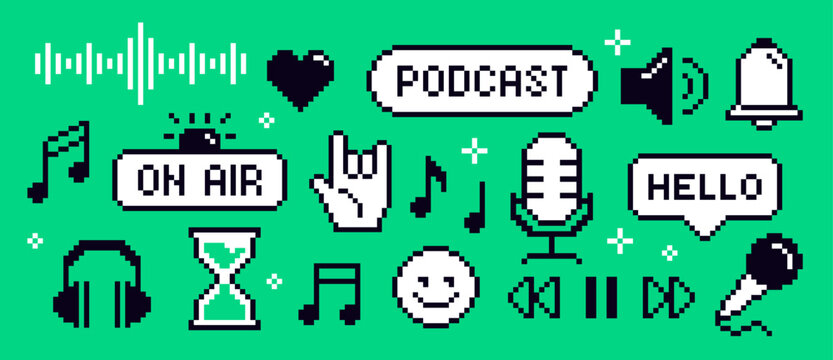 8 Bit Podcast Icon Set. Pixel art stickers related to music and radio. Badges with microphone, headphones, equalizer and notes. Flat vector illustration collection isolated on background