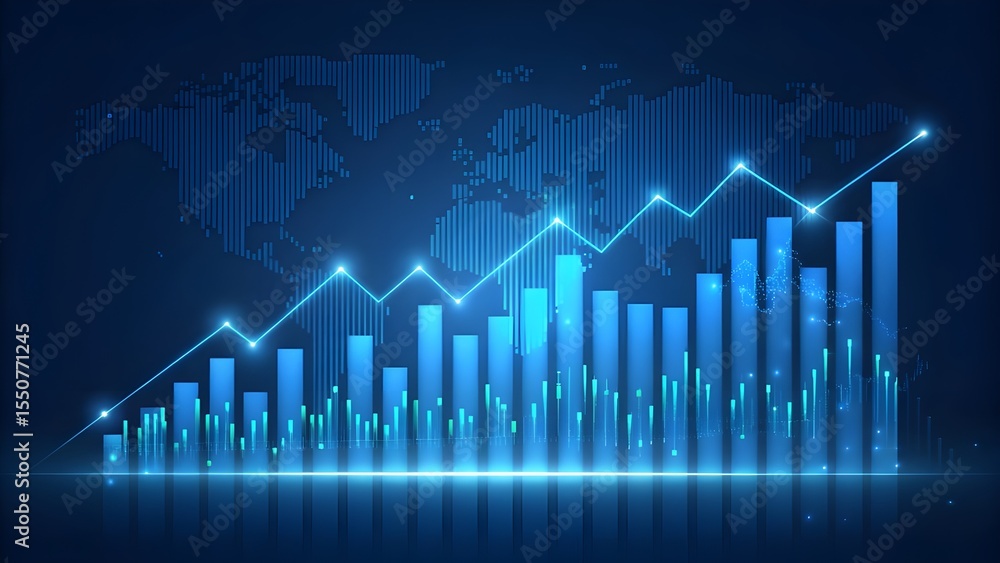 Poster global financial growth represented by a rising line graph and bar chart over a digital world map ba