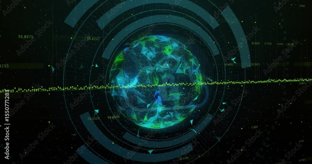Poster opening interface initiating sphere rotating rings spinning waveform pulsing visualizing data