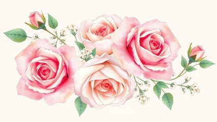 Fototapeta premium Watercolor painting of pink roses with small white flowers and green leaves