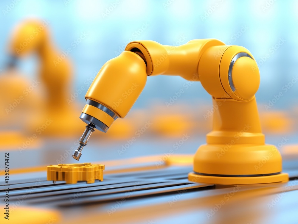 Poster robotic arm assembling small parts on assembly line