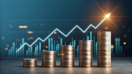 Stacks of coins rising in height with a glowing upward trend arrow and financial bar chart in the background symbolizing growth and success