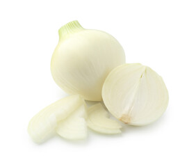 Whole and cut ripe onions isolated on white