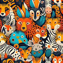 Vibrant seamless pattern featuring a dense collage of stylized, colorful wild animals and tropical leaves. Perfect for textiles, wallpaper, and playful graphic designs.