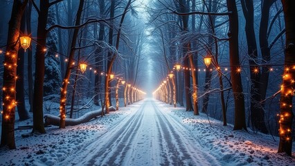 Snowy forest path illuminated with lanterns and string lights in winter season