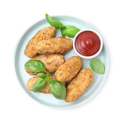 Tasty fried croquettes, basil and sauce isolated on white, top view