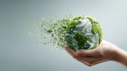 Hand holding green earth globe with moss growing and particles flying away
