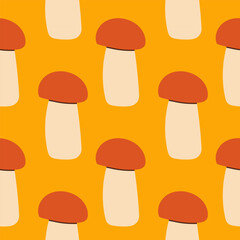 Mushrooms seamless pattern. Autumn isolated mushrooms on yellow background. Square repeat pattern flat design for fall season.