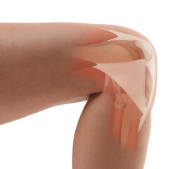 Anatomy of knee. Woman with illustration on her leg against white background, closeup