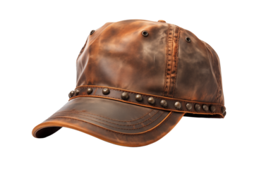 Distressed Leather Baseball Cap: Vintage Brown Hat Fashion Accessory transparent background png