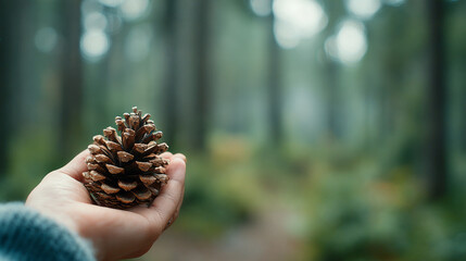 Pinecone held gently in hand with blurred forest background creating calm nature mood