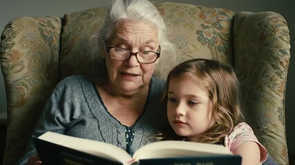Grandmother reading a book to granddaughter in cozy armchair, celebrating World Book Day