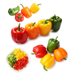 Fresh bell peppers isolated on white, collage. Whole and sliced