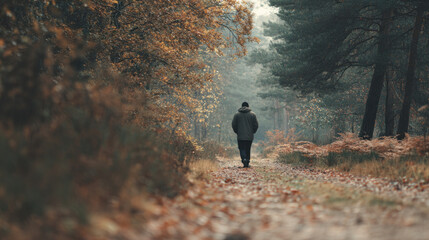 Man walking thoughtfully through autumn forest path with colorful leaves and trees