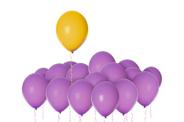 Be different. Yellow balloon over violet ones on white background