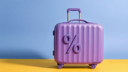 Purple suitcase with percentage sign on yellow and blue background, travel deals concept