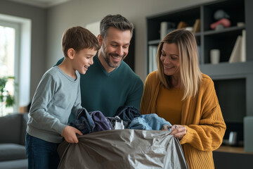 Obraz premium Family sorting colorful pile of clothes in cozy room filled with laughter and the warmth. Donations for charity, help low income.