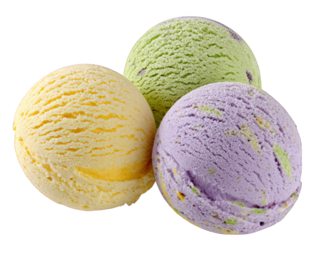 Pastel ice cream scoops isolated on transparency background, featuring yellow, green, and purple colors, creamy texture, and sweet, refreshing appearance