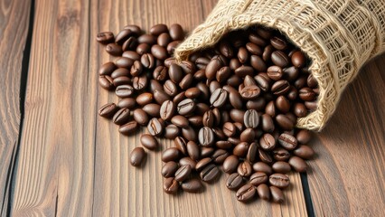 Coffee beans spilling from burlap sack on wooden surface, close-up