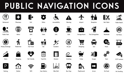 Public Navigation Icons set vector illustration with collection of pharmacy, no smoking, no food, bus stop, shelter, parking, shopping, stairs, exit, music, taxi,  no pet, fast food, no photo, café. © My stock Assets