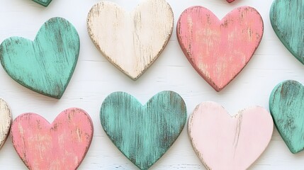 Obraz premium Pastel Wooden Hearts Background Valentine's Day