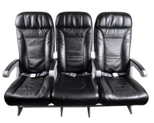 Black leather airplane seat three seat row isolated on transparency background comfortable modern travel safety belt armrest economy class aviation interior