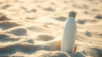 White reusable water bottle partially buried in the sand on a beach