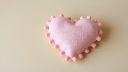 Pink heart shaped pillow with pom poms on a beige background