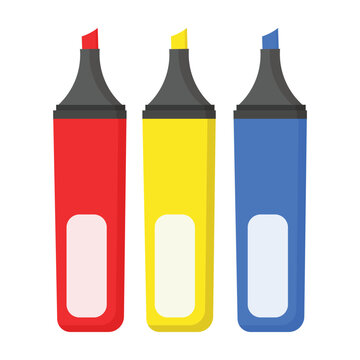 Set of three colorful highlighters in red, yellow, and blue. Flat vector design for school, office, or creative project icons.