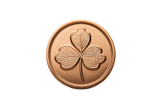Copper Shamrock Coin: Irish Symbol, Celtic Design, Lucky Charm, Three-Leaf Clover transparent background png