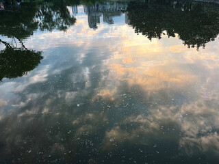 Trees, buildings and clouds reflection on water surface at sunset.