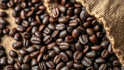 Naklejka premium Roasted coffee beans spilling from a burlap sack on a brown surface