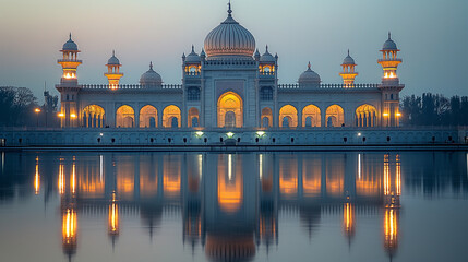 Golden twilight reflections of majestic palace. Ornate domes mirrored on tranquil water evoke regal serenity. Ideal for travel, history, or luxury design themes.

