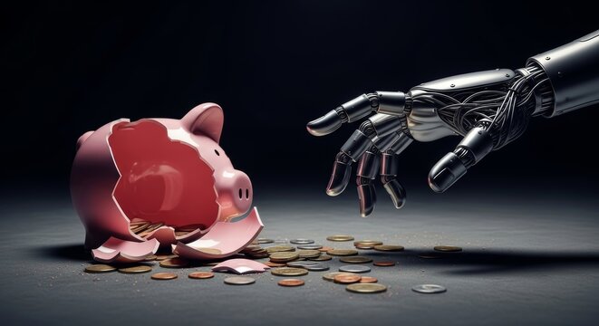 Robotic Hand Reaching for Shattered Piggy Bank AI and Financial Instability
