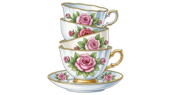 Elegant Stack of Rose Teacups Watercolor Illustration