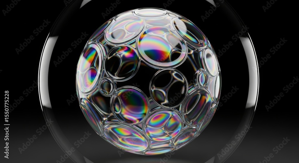 Fototapete Abstract Sphere of Iridescent Bubbles 3D Render of a Glass Orb Filled with Colorful Soap Bubbles
