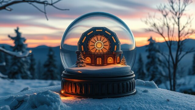 Snow globe with building inside on snowy landscape at sunset creates winter scene - Powered by Adobe