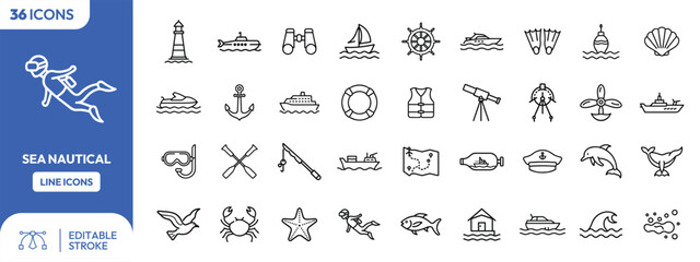 Collection of thirty-four nautical line icons depicting various seafaring, marine life, and navigational symbols.