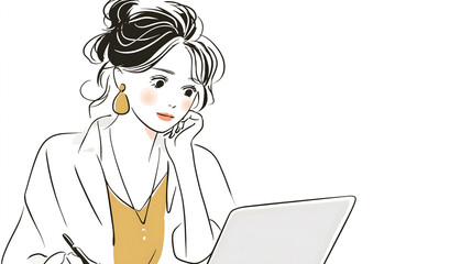 考えながらパソコンで作業をする女性のシンプルでエレガントなイラスト
