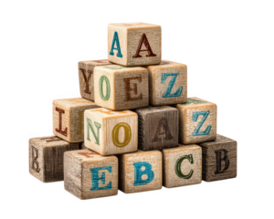 Wooden alphabet blocks stacked in pyramid shape, featuring colorful letters and playful, nostalgic feel, isolated on transparency background, perfect for early childhood education concepts