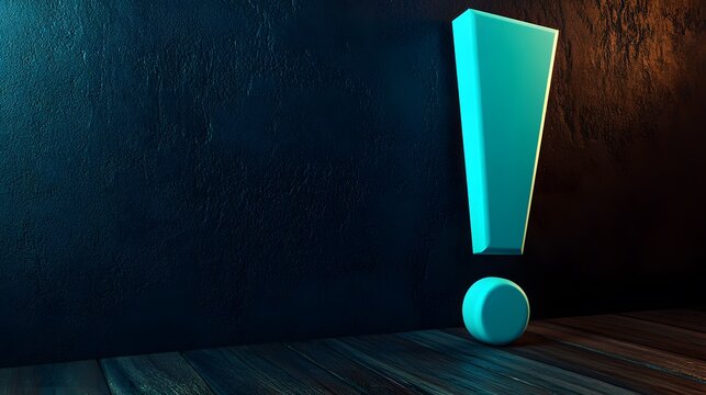 Teal Exclamation Mark 3D Render on Wood Floor