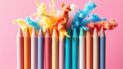 Pastel crayons with colorful powder explosion on pink background