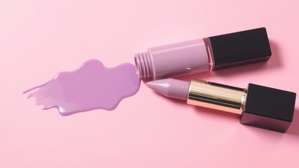 Lipstick and gloss with spilled product on pink background showcase cosmetics