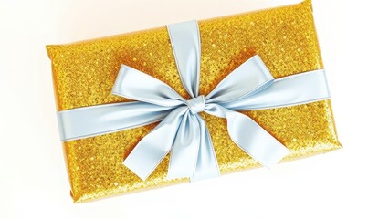 Gold gift box with light blue ribbon on white background, top view